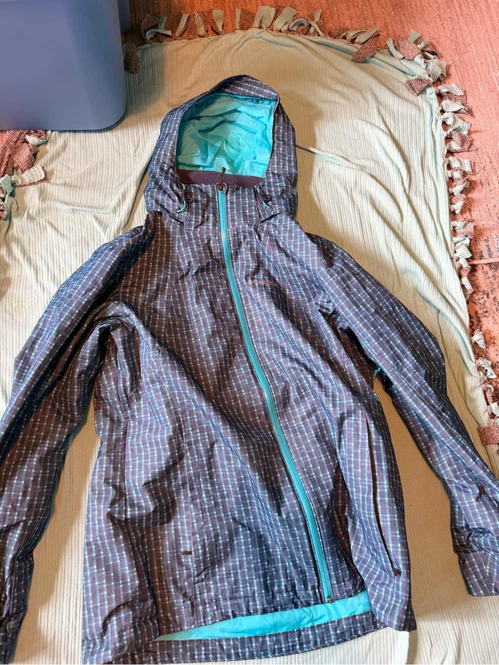 Columbia Women's Brown Pinstripe Ski Jacket with Teal Lining